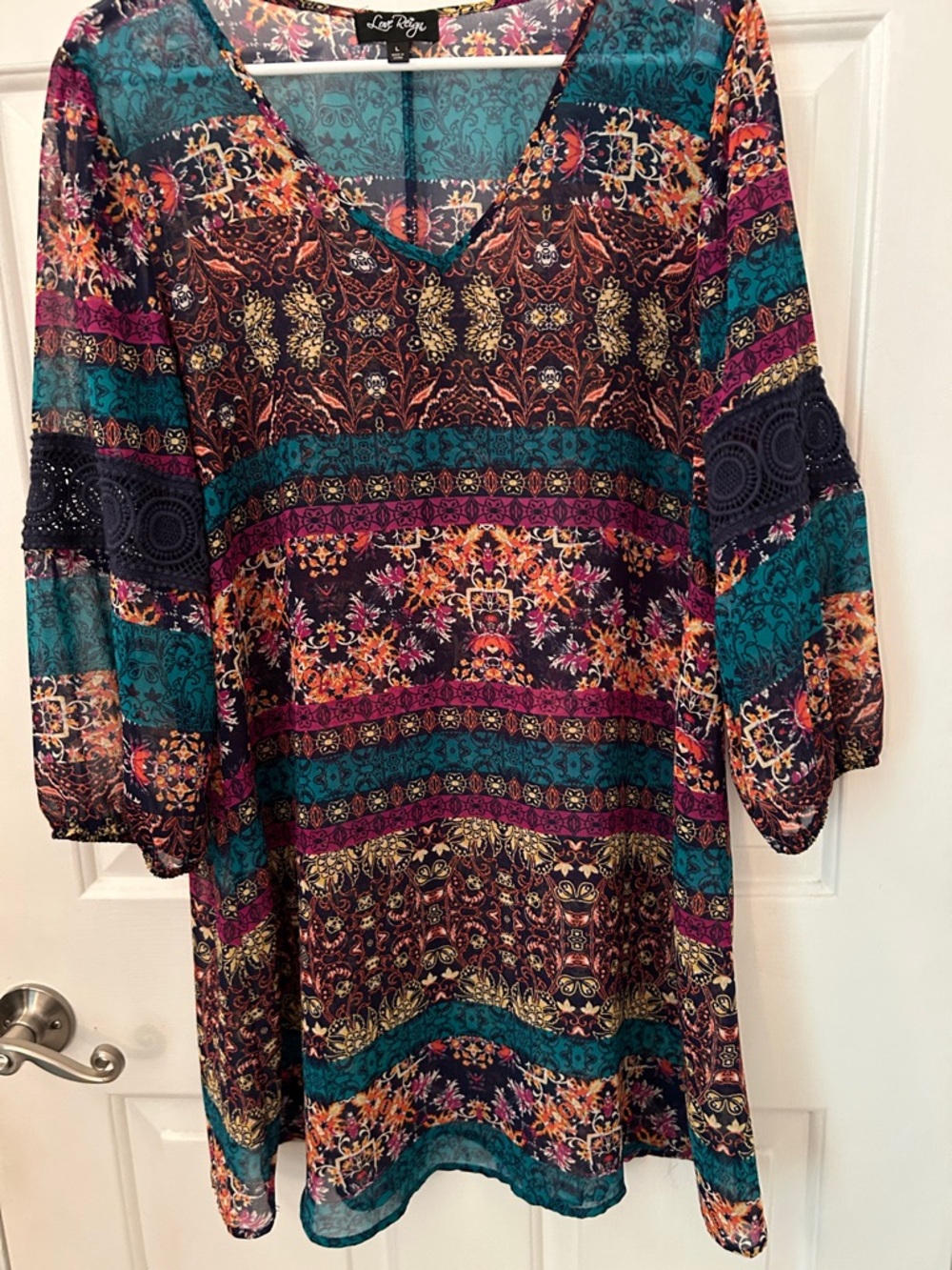 Love Reign Teal, Plum & Mustard Boho V-Neck Tunic/Beach Coverup Sheer Size L